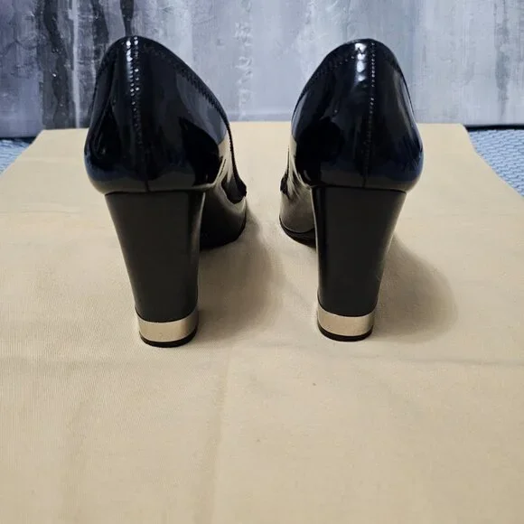 Tory Burch Black Patent Leather Block Heel Pumps with Silver Hardware - Size 6 - Picture 6 of 8